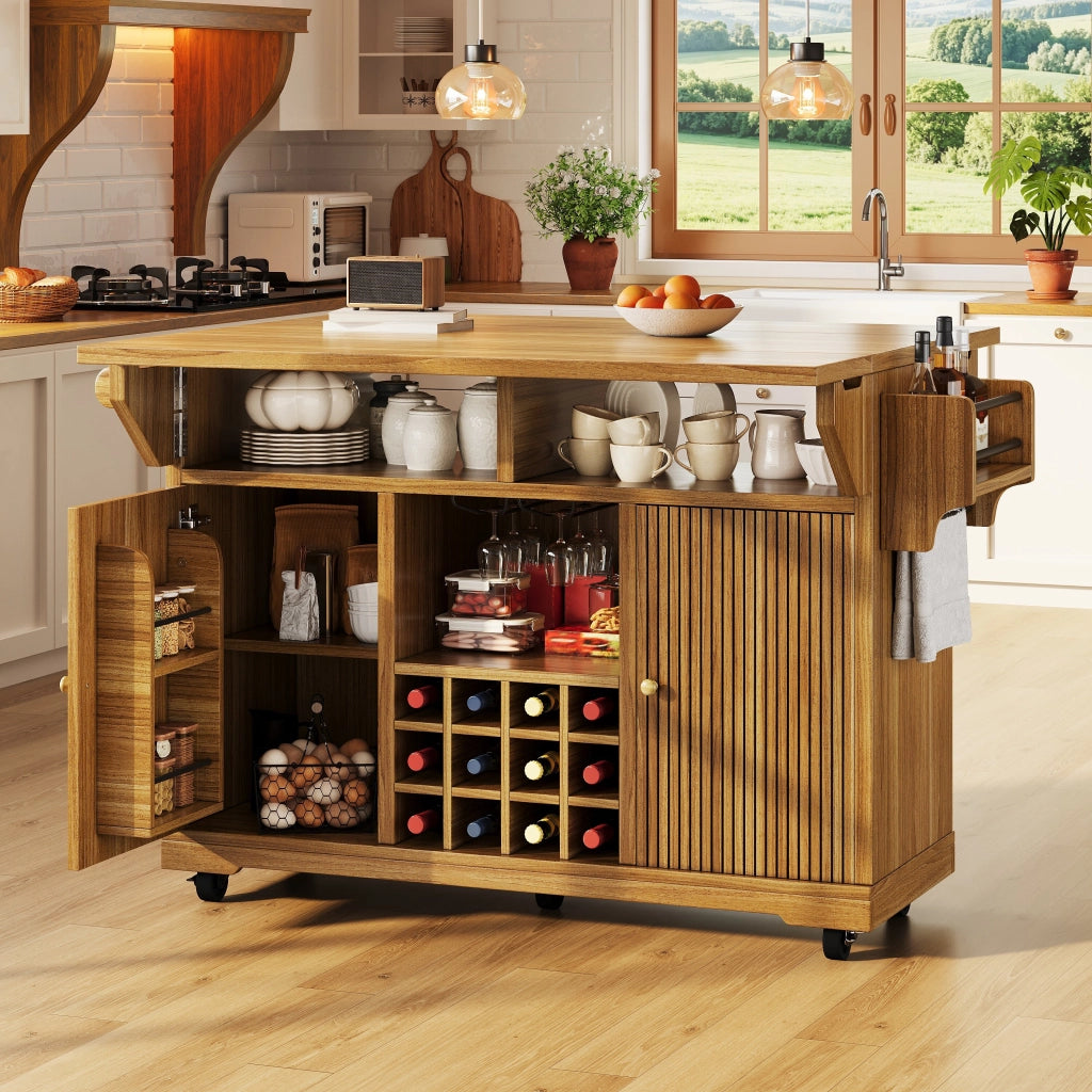 Carrello da cucina mobile con ripiani regolabili, portabottiglie estraibile e piani ribaltabili, in MDF marrone scuro