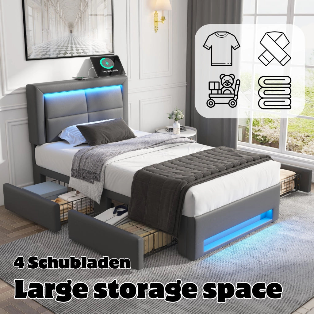 Letto con cassetti 90 × 200 cm imbottito con quattro cassetti LED USB ricarica wireless in PU grigio