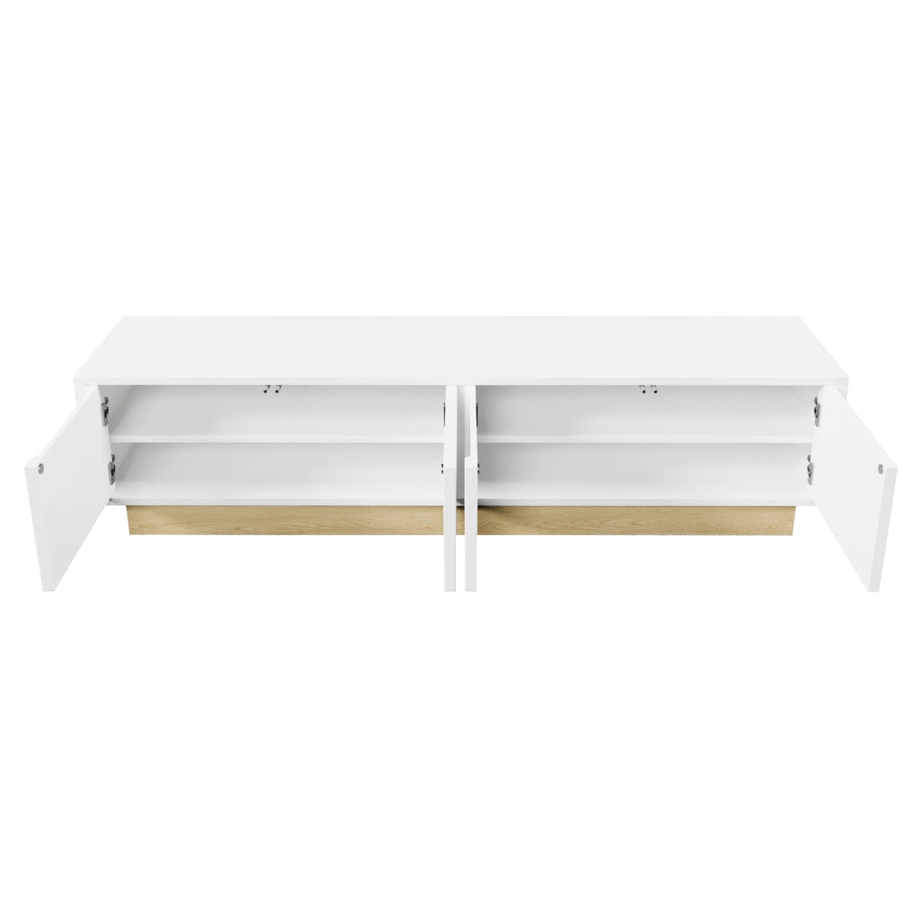 Mobile TV 175 cm con 4 ante push-to-open in MDF bianco e finitura color legno