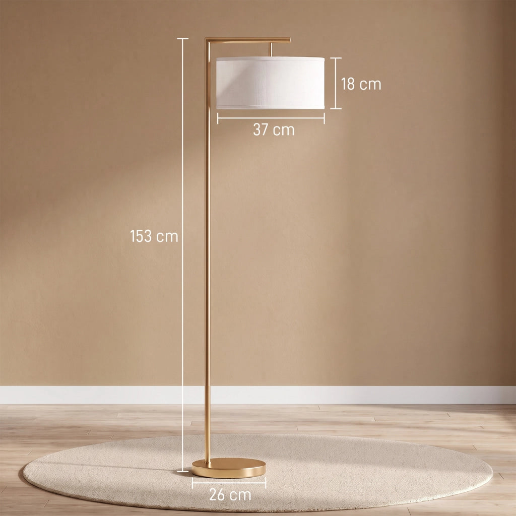 Lampada da terra moderna in acciaio oro e paralume in tessuto bianco con attacco E27 e interruttore a pedale 47 x 37 x 153 cm