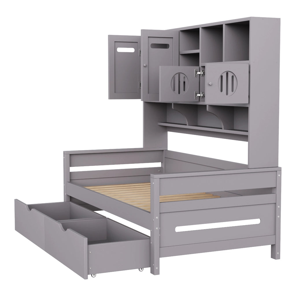 Letto con cassetti 90 × 200 cm con vano multifunzione e rete a 15 doghe in legno di pino grigio