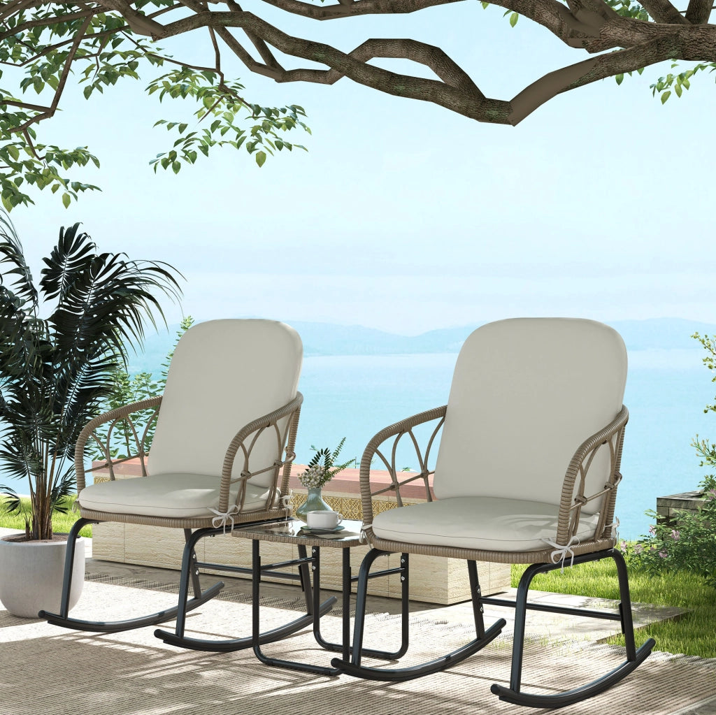 Set da giardino in rattan 3 pezzi con 2 sedie a dondolo e tavolino con cuscini, per terrazza e balcone