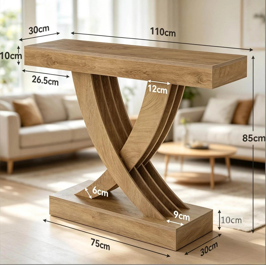 Tavolo consolle in MDF marrone con base a X; larghezza 110 cm