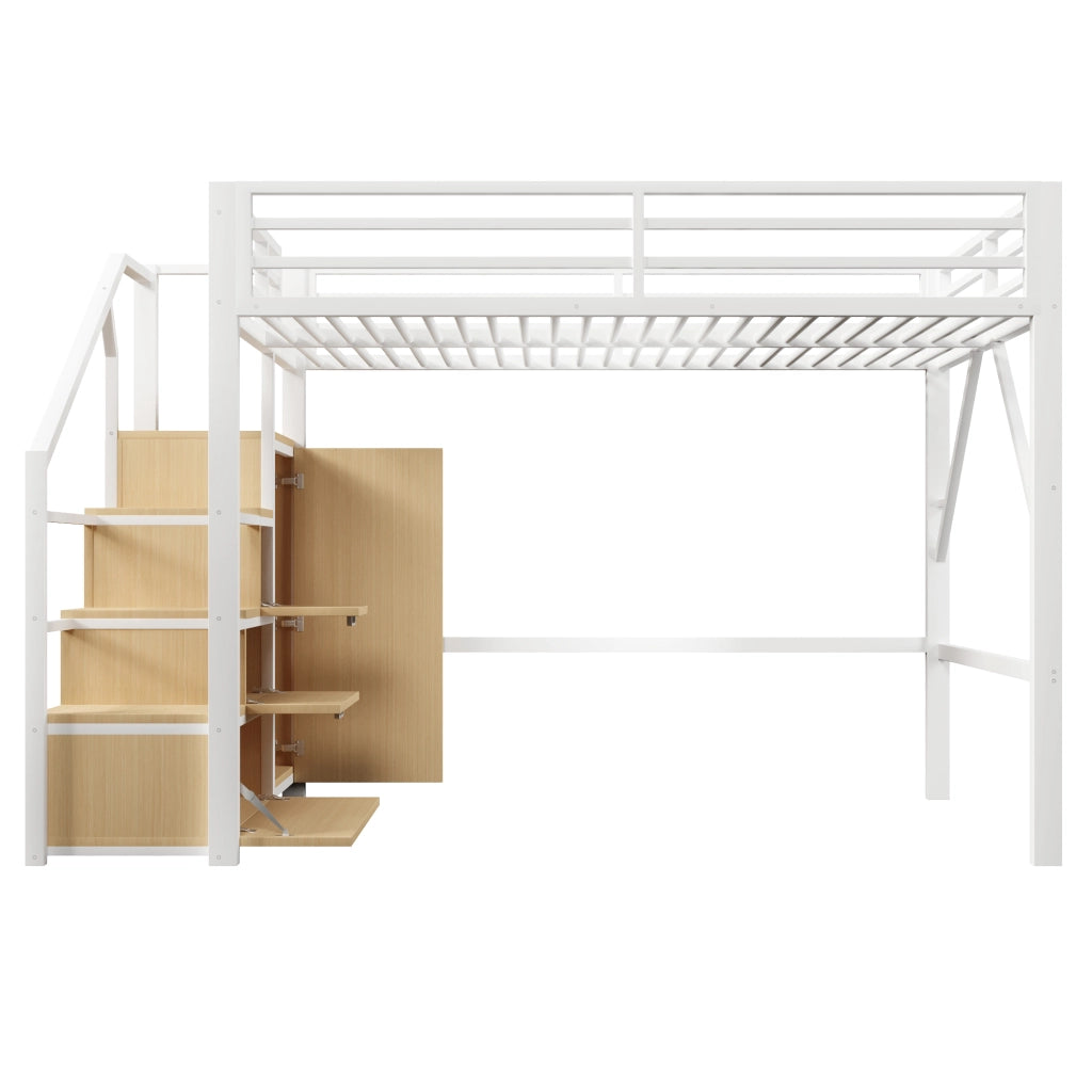 Letto a soppalco 140x200 cm in metallo bianco con armadio; contenitori e luci LED
