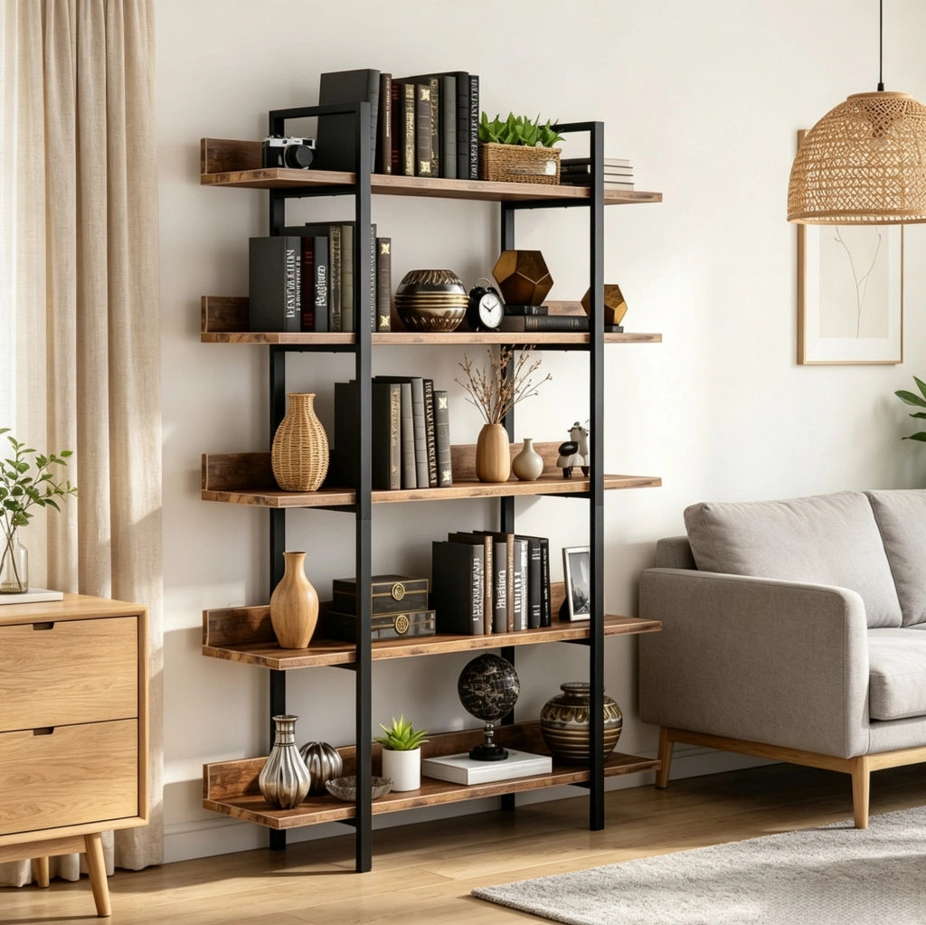 Libreria a 5 ripiani 105x33x180 cm in metallo e legno nero e marrone