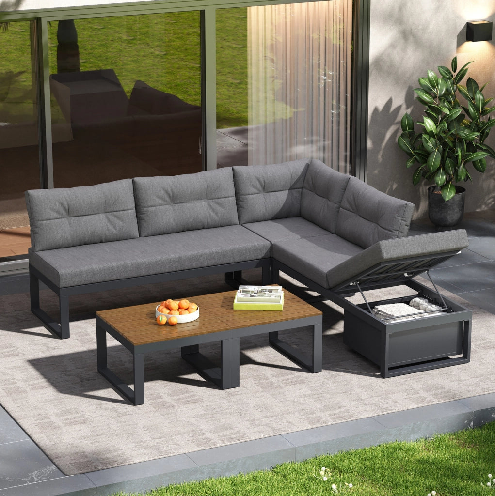 Set Salotto da Giardino Modulare con Schienale Regolabile a 3 Posizioni, Cuscini Spessi e Imbottiti, Tessuto Poliestere Resistente per Terrazza, Balcone e Giardino, Grigio Scuro