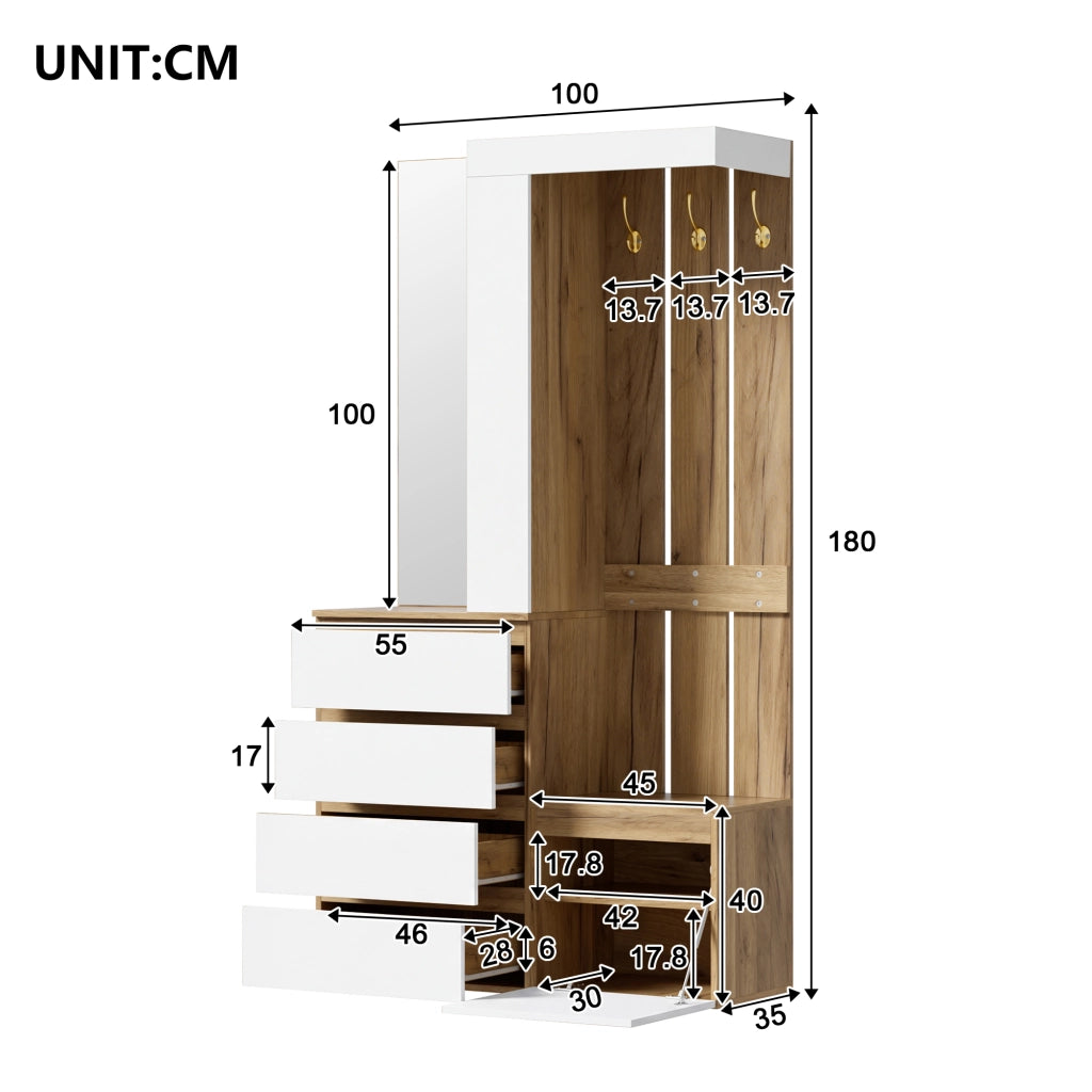 Mobile ingresso con specchio, 4 cassetti, anta e ganci per corridoio, truciolare bianco naturale, 100 × 35 × 180 cm