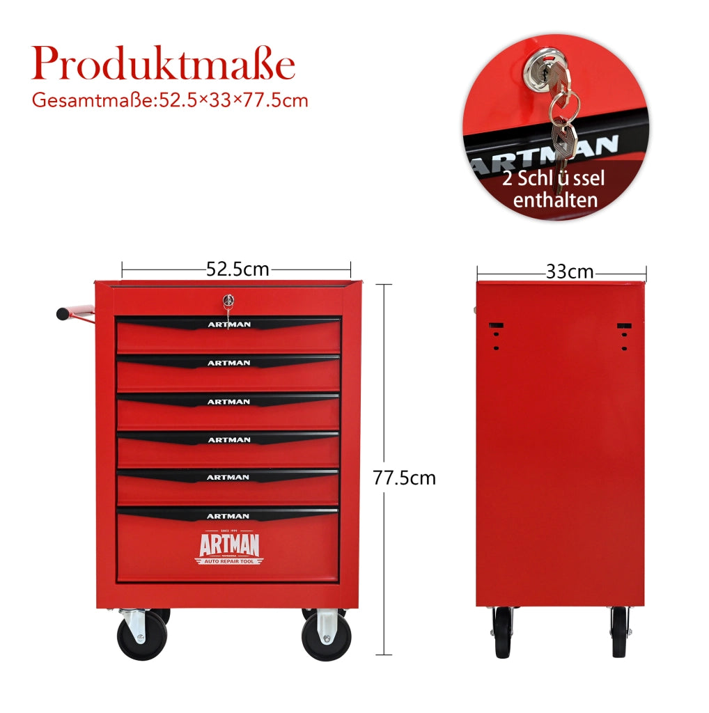 Carrello porta attrezzi in acciaio con 6 cassetti e ruote, 60x33x77,5 cm, rosso e nero