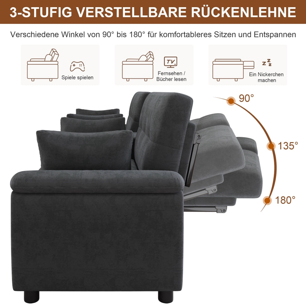 Divano letto con due moduli estraibili in ciniglia grigio scuro schienale regolabile a 3 livelli 284 × 138 × 89 cm