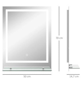 Specchio da bagno con illuminazione LED 70x50 cm, 3 tonalità di luce, antiappannamento, con mensola e interruttore touch, protezione IP44