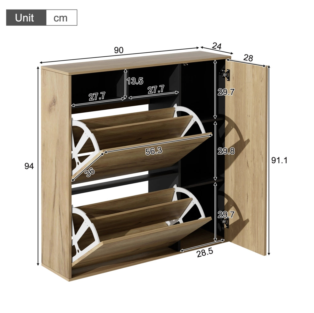 Scarpiera sottile con 2 ribalte e 1 anta, ripiani regolabili, design salvaspazio in legno e nero, 90x24x94 cm