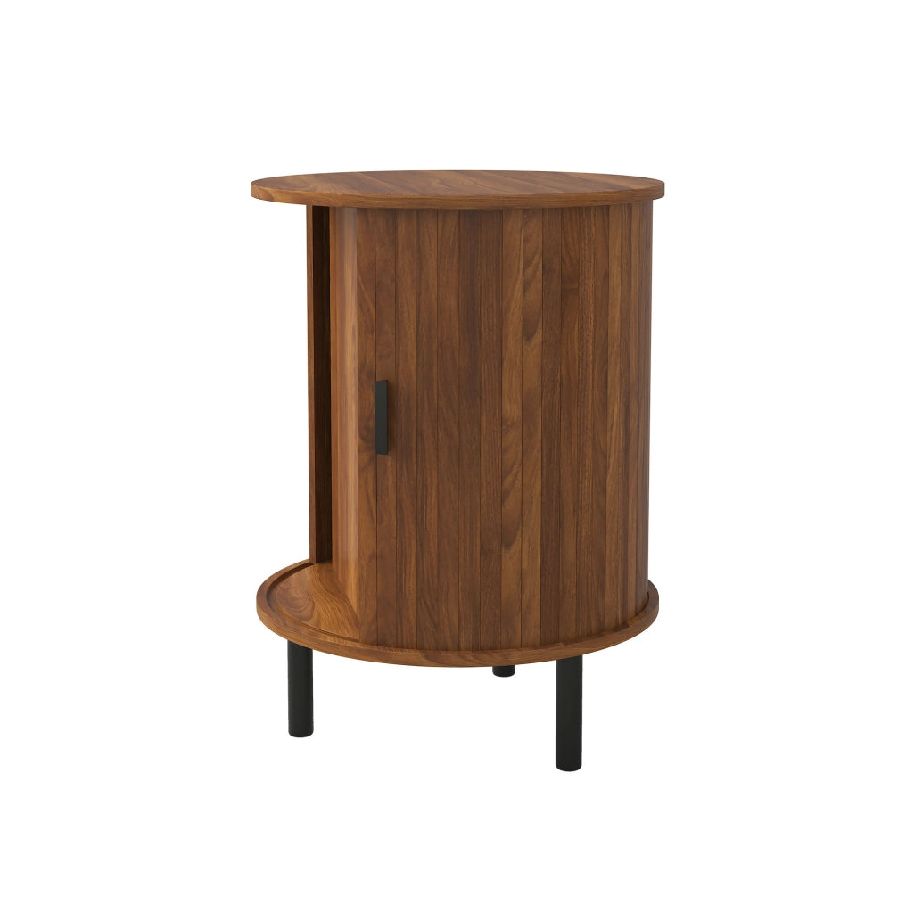 Comodino rotondo 48x48x65 cm con anta scorrevole in MDF e pannello truciolare color noce HOMVRA