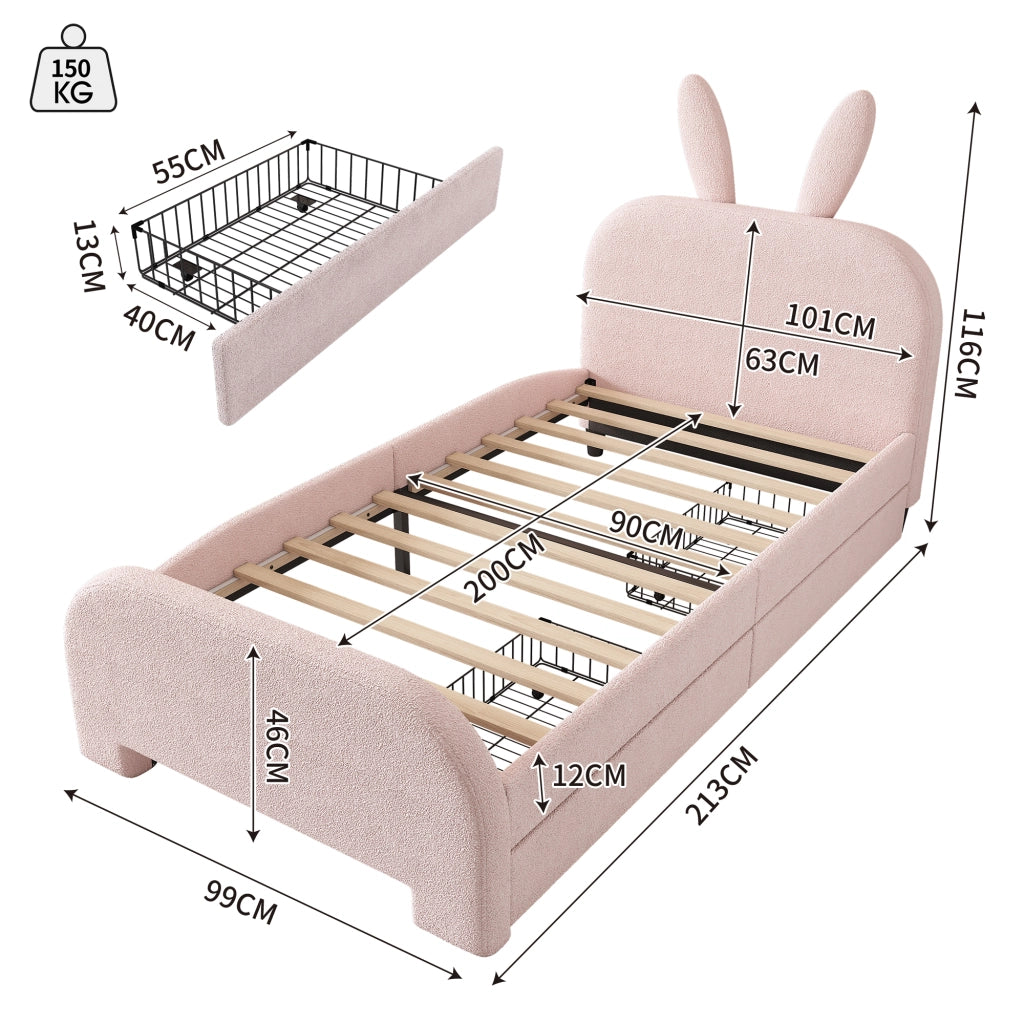 Letto 90x200 cm con testiera a coniglio e 2 cassetti in peluche rosa