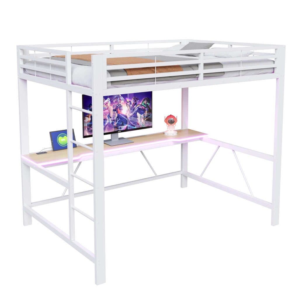 Letto a soppalco 140 × 200 cm con scrivania e led in metallo e MDF bianco con sponde di protezione