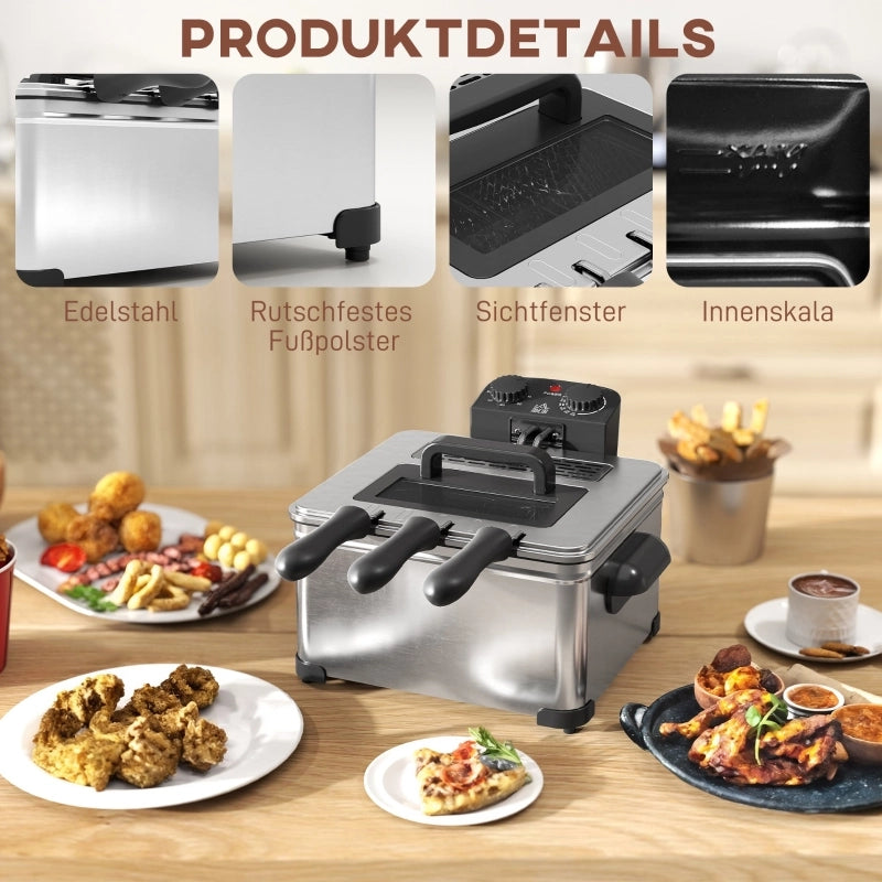 Friggitrice ad olio 5L, 2000W, acciaio inox argento. Temperatura e timer regolabili, serbatoio removibile, finestra di controllo, protezione surriscaldamento