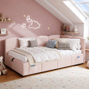 Letto contenitore multifunzione 90x200 cm in velluto rosa con ricarica USB e tasche laterali