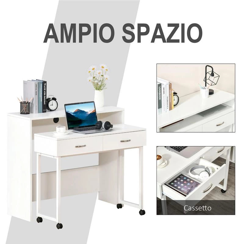 SCRIVANIA SINGOLA PER CAMERA E UFFICIO CON CASSETTI E RUOTE 100X36X88CM BIANCO