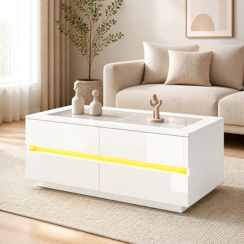 Tavolino da caffè moderno bianco 100x50x40 cm con 4 cassetti; LED; vetro temperato