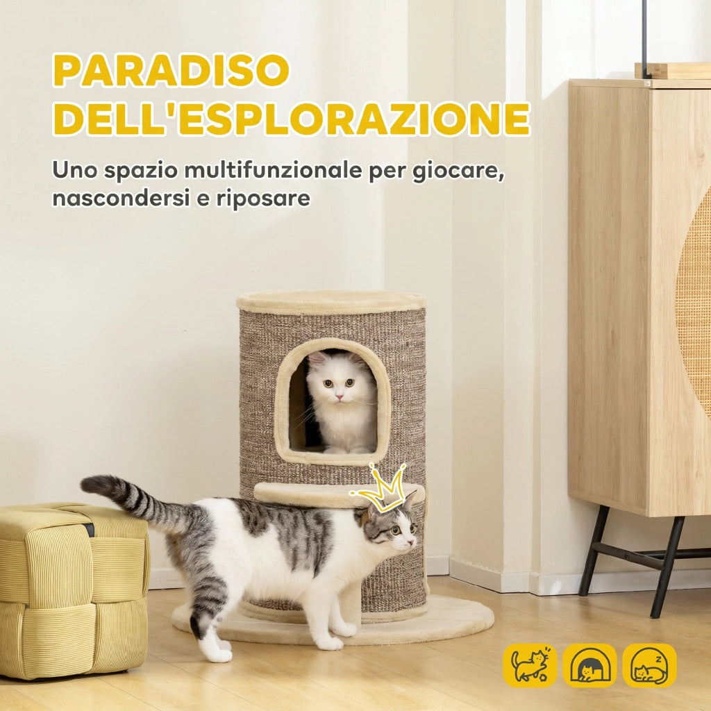 Torre per Gatti a 2 Livelli 60x60x61 cm con 2 Nascondigli Piattaforma Superficie in Sisal Beige e Marrone