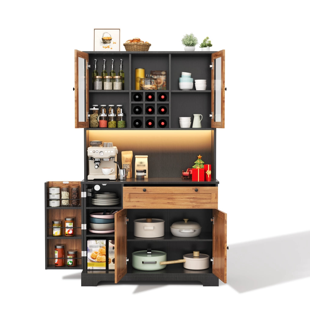 Mobile colonna da cucina con 5 ante; cassetto; ripiani regolabili; LED e prese nero naturale 180 × 105 × 40 cm