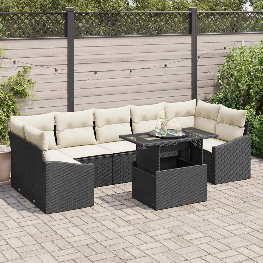 Set Divano da Giardino 8 pcs Nero e Crema polyrattan