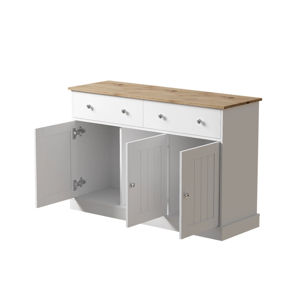 Credenza bianca e legno con texture incisa, 120x36x80,5 cm, 3 ante e 2 cassetti