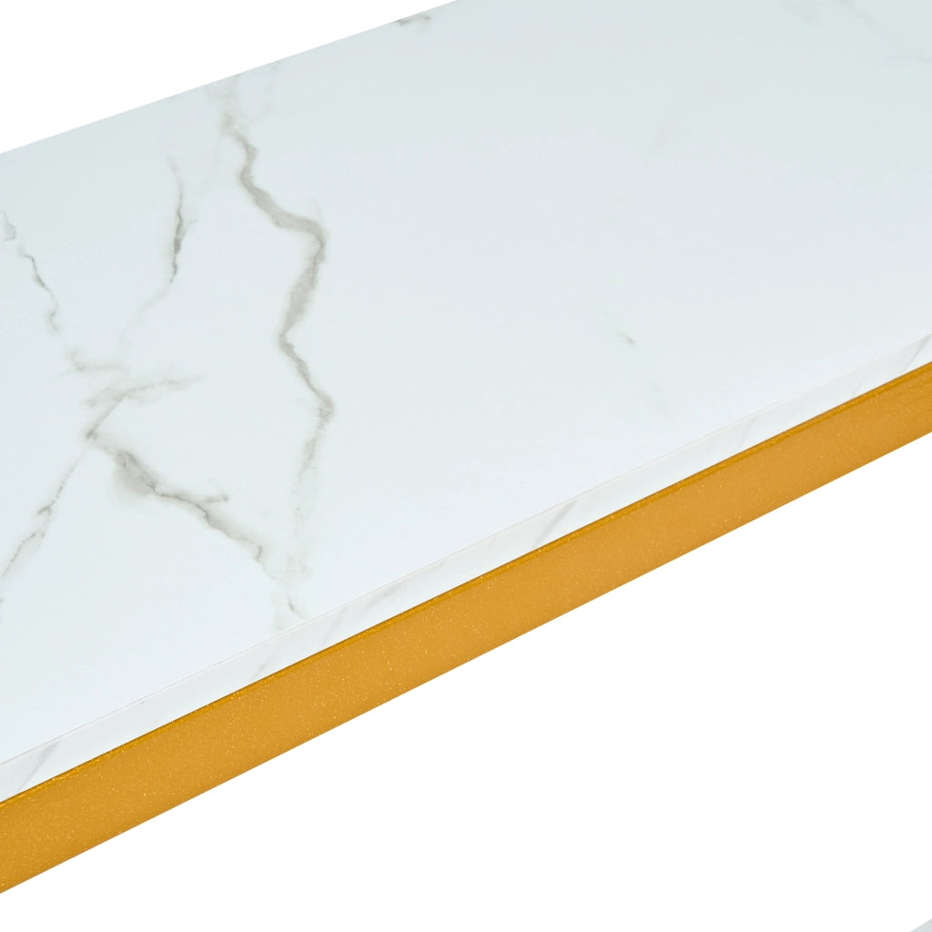 Consolle a due ripiani in MDF effetto marmo bianco con struttura in metallo dorato 123.5 × 33.5 × 80 cm