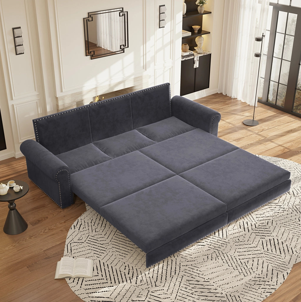 Divano letto estraibile ULEVR 238 cm 3 in 1 con schienali regolabili, velluto grigio e braccioli arrotondati