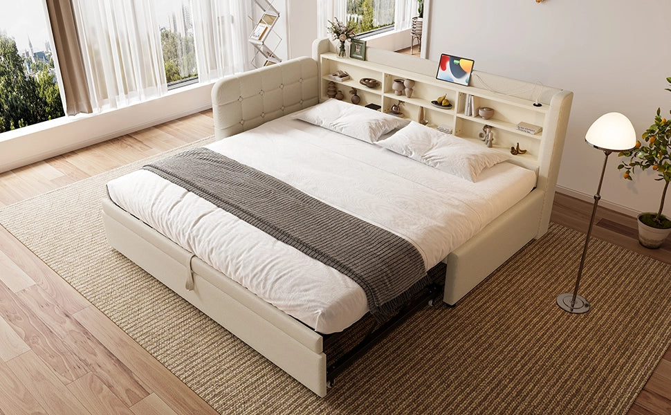 Letto estraibile singolo con rete a doghe in lino beige USB e tipo C testiera con bottoni e ripiani