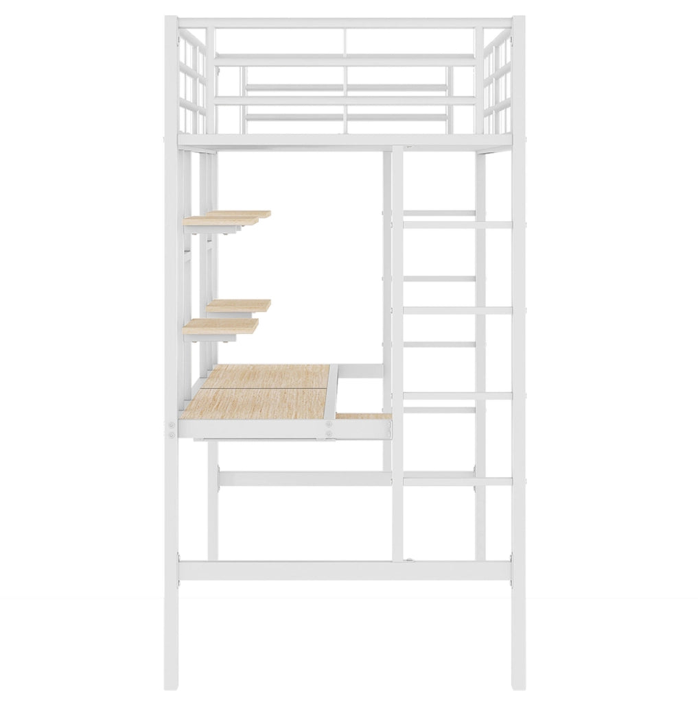 Letto a soppalco in metallo bianco 90x200 cm con scrivania e mensole YEAVIO
