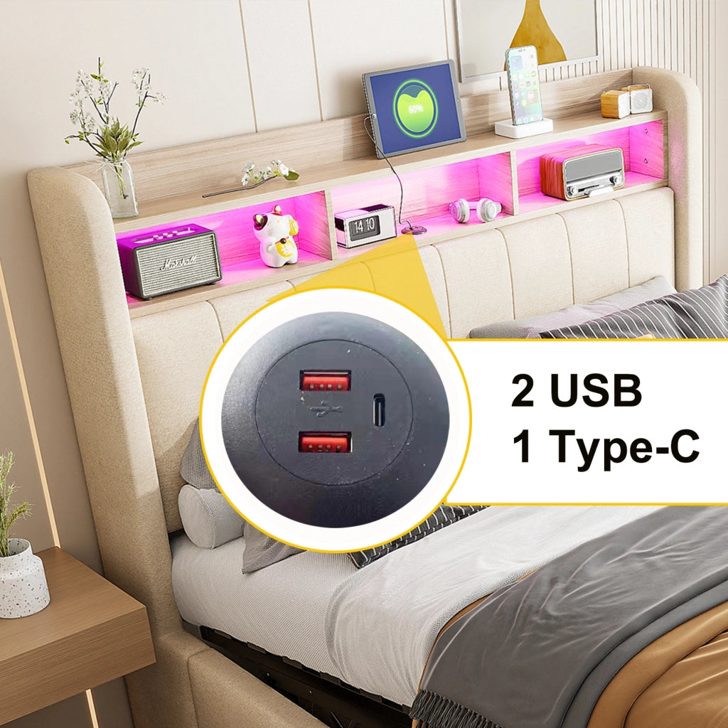 Letto imbottito matrimoniale 140x200 cm con LED e presa USB, testiera con ripiani e contenitore, sollevamento idraulico, per adulti, lino - Beige