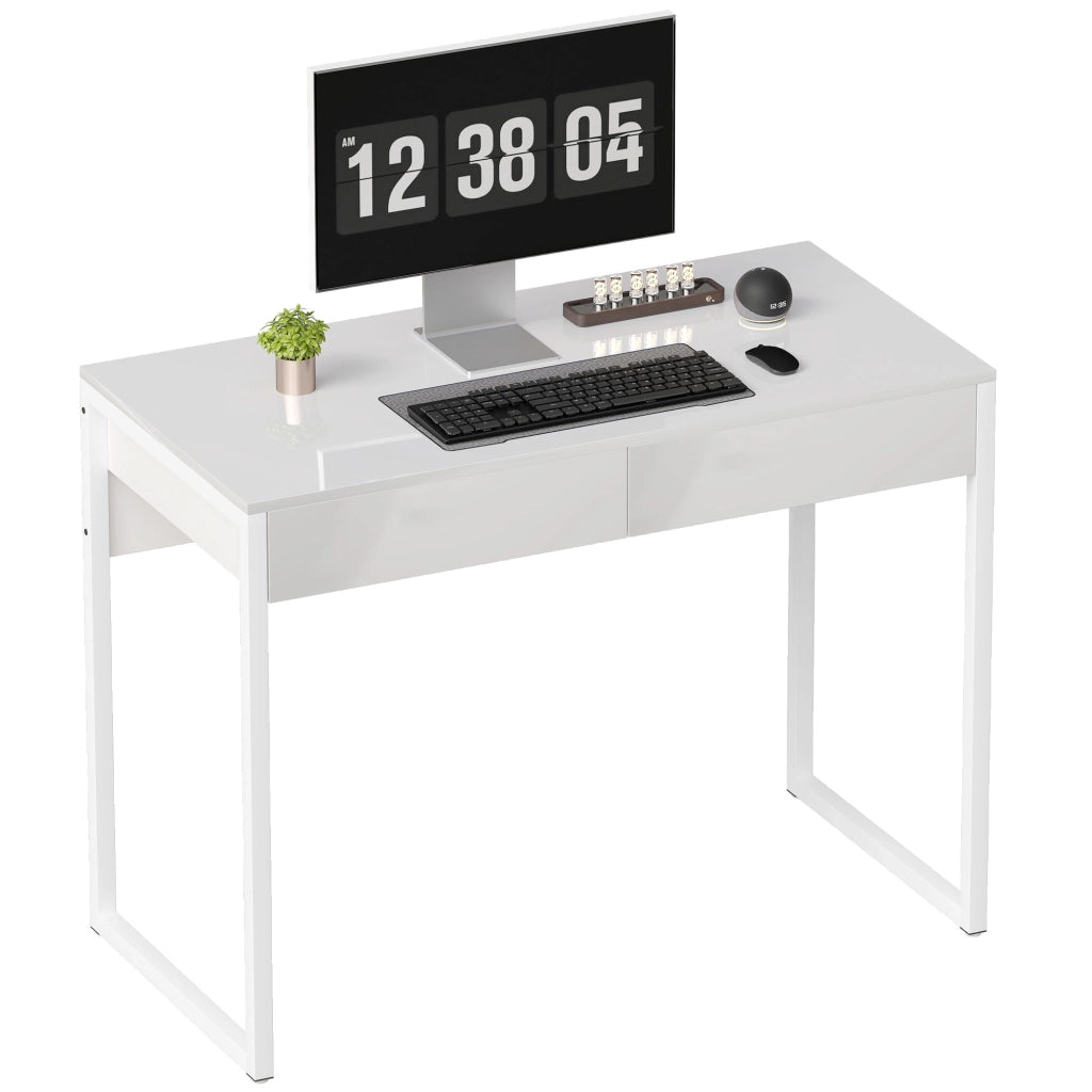 Scrivania Moderna con 2 Cassetti e Gambe in Acciaio. 100x50x75 cm. Bianco Lucido
