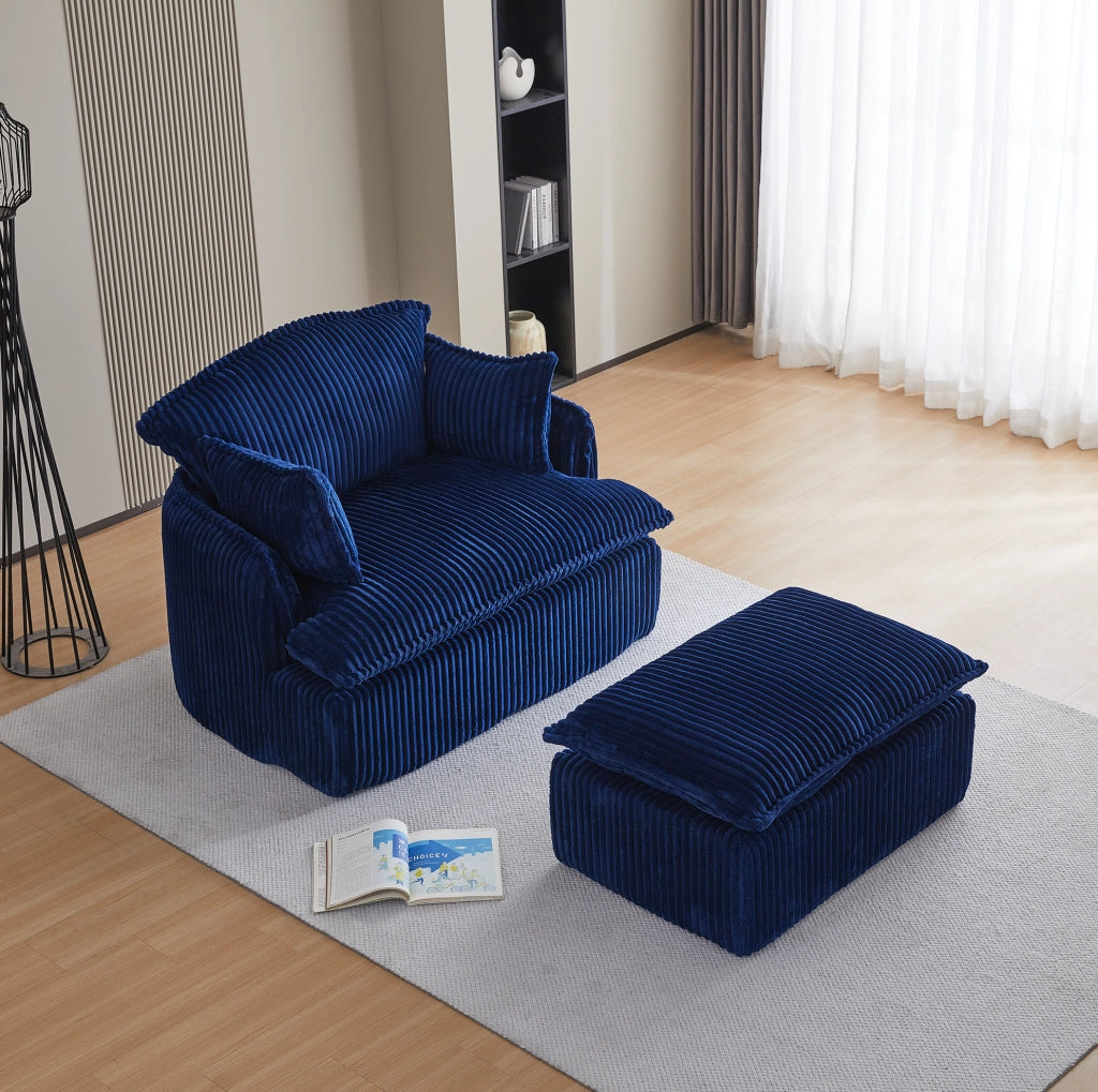 Divano compatto YEAVIO in tessuto vellutato con poltrona e pouf per piccoli spazi