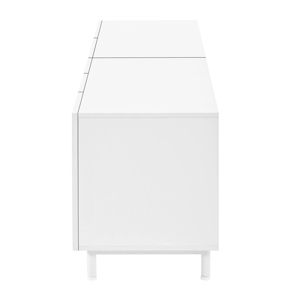 Mobile TV bianco con quattro ante arcuate, due cassetti e piedi in acciaio, 180x40x48 cm