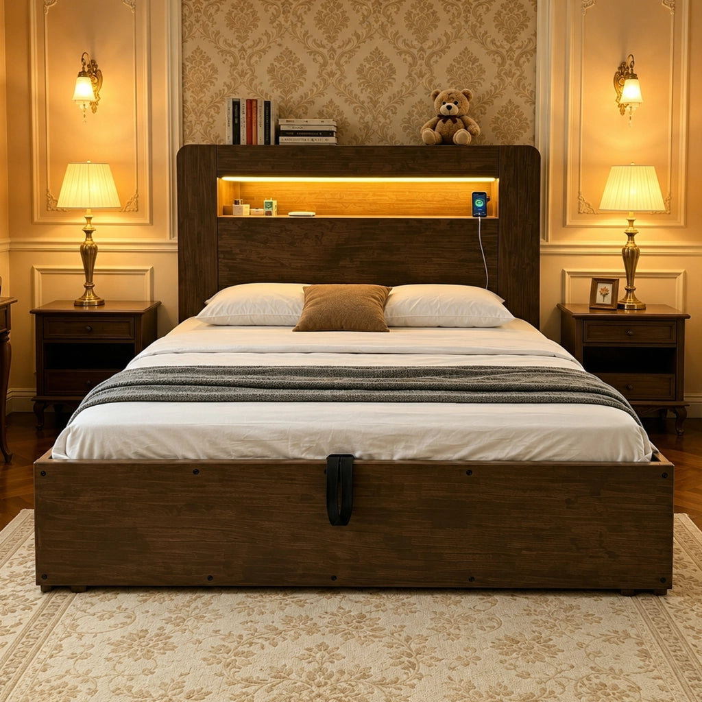 Letto contenitore 140x200 cm effetto legno vintage con testiera LED; prese e vani portaoggetti