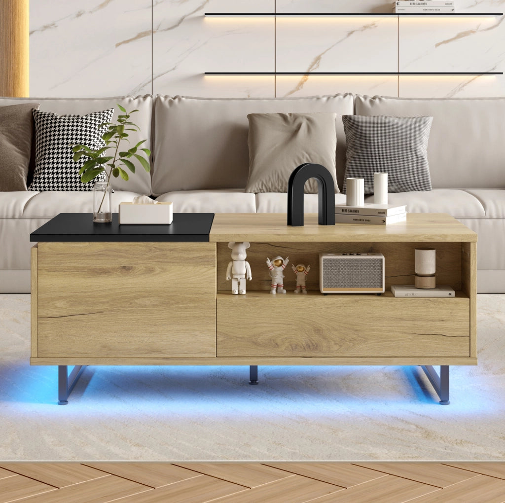 Tavolino da soggiorno multifunzionale con piano regolabile in altezza, LED integrato e ampio spazio contenitivo, struttura in metallo, finitura legno e nero, 103,5x50x27,5 cm