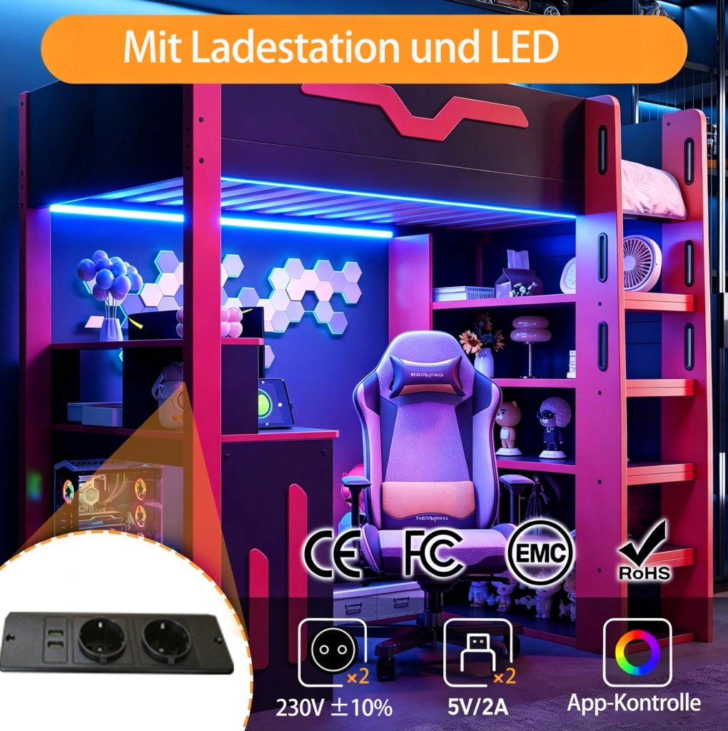 Letto a soppalco 90x200 cm con scrittoio; LED e scaffale a 4 ripiani; MDF e compensato; nero e rosso