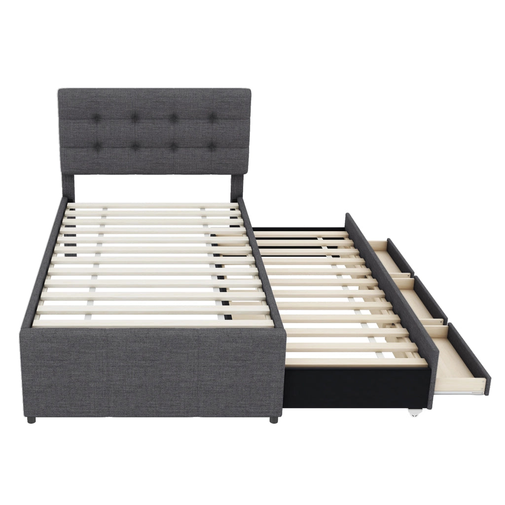 Letto singolo 90x200 cm con letto estraibile 90x190 cm, 3 cassetti e rivestimento in lino grigio