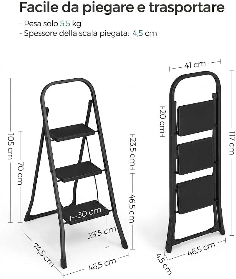 Scaletto Sgabello Scala Black Mini Plus Antiscivolo 3 Gradini