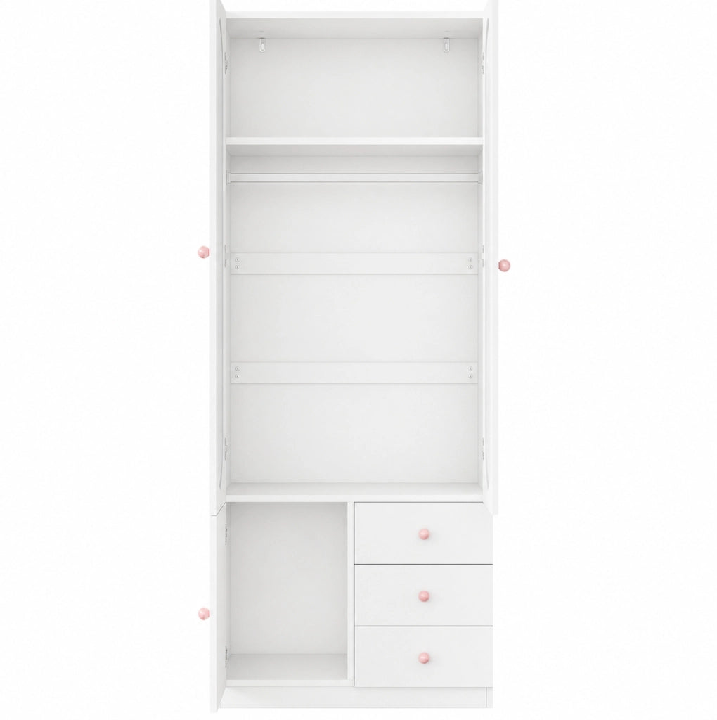Armadio per bambini bianco con 2 porte, 3 cassetti, pomelli in ceramica rosa, 80×50×200 cm