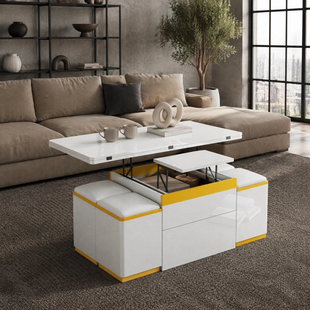 Tavolino trasformabile bianco e giallo con 4 sgabelli contenitore, 100 x 50 cm