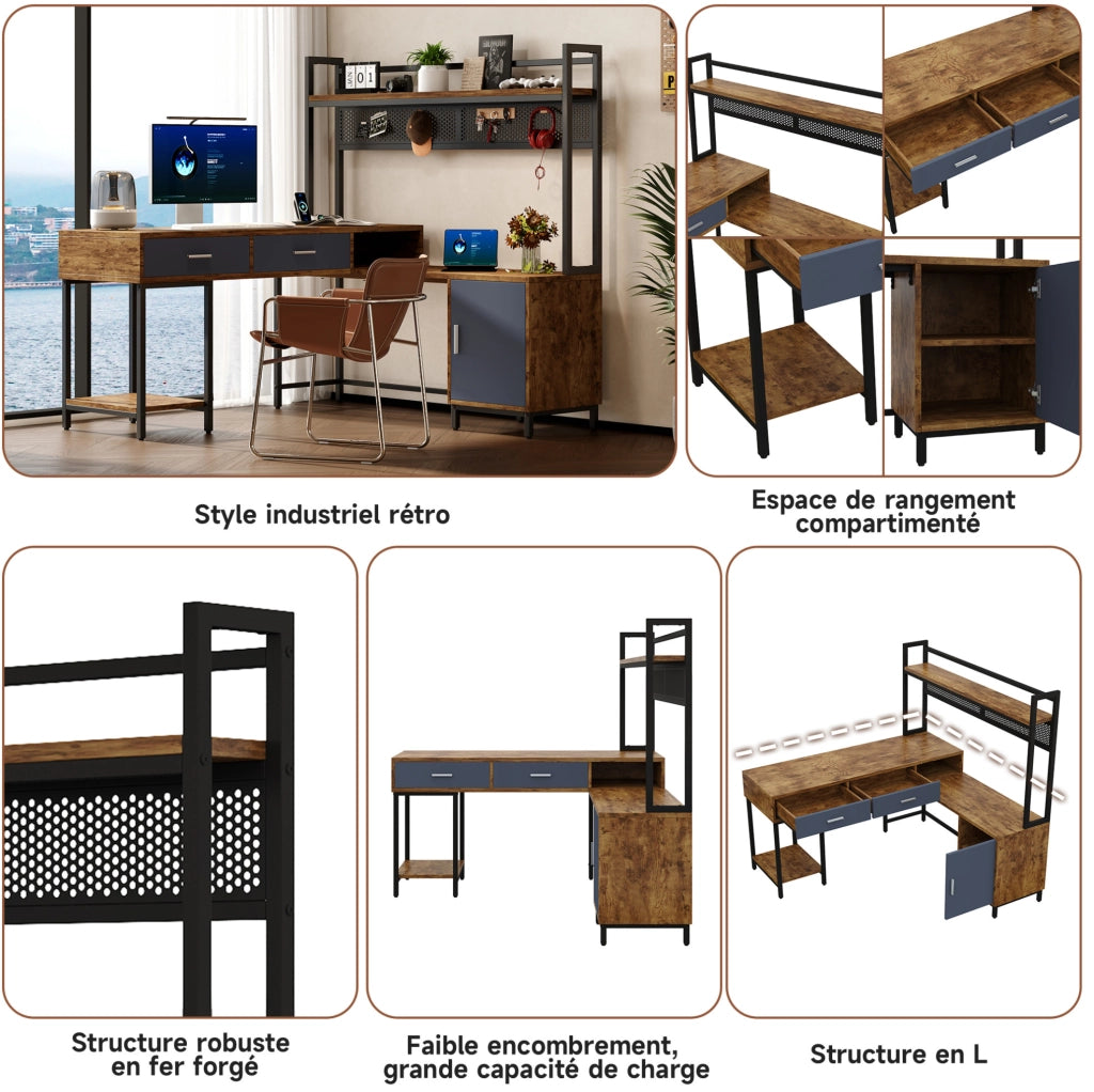 Scrivania angolare 140x140x135 cm in stile industriale con struttura in acciaio e MDF, finitura nero e legno, con cassetti e armadietto a porta singola