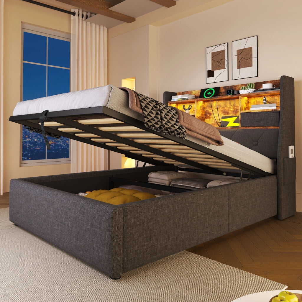 Letto contenitore 90 × 200 cm imbottito con LED e ricarica USB Type-C; lino grigio e materasso incluso