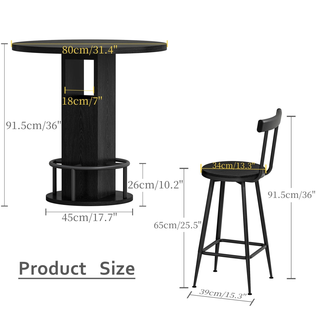 TAVOLO da bar rotondo 80 cm nero Set da 3 pezzi
