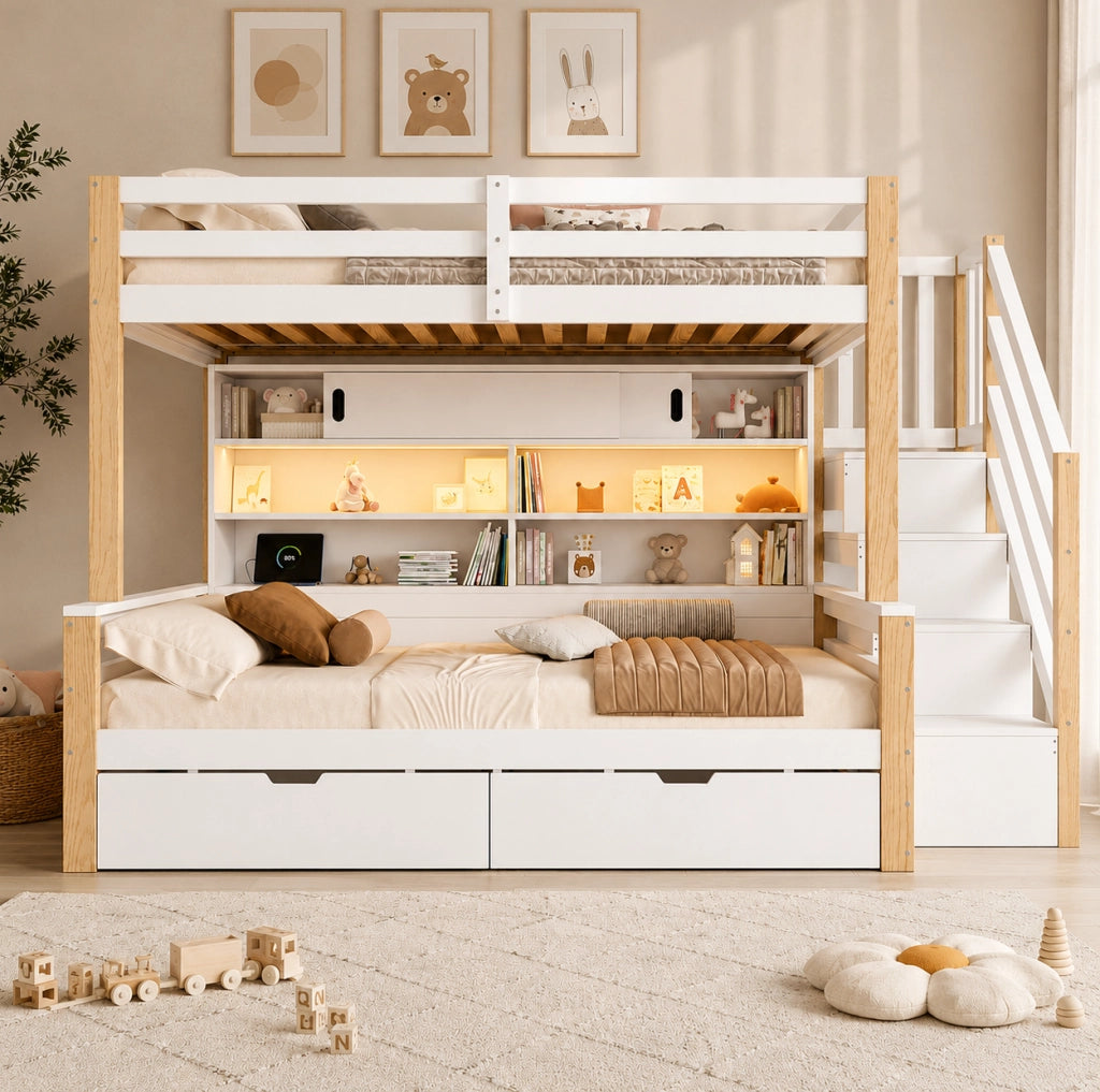 LETTO a Castello per Bambini 90x200 cm con Scala Contenitore, Bianco