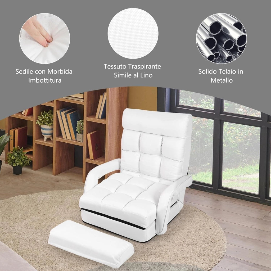 Poltrona Divano con 5 Livelli Regolabili, Sedia da Terra con Braccioli e Cuscino, Struttura in Acciaio, Multifunzione e Pieghevole per Soggiorno Camera da Letto, 55x66x71 cm (Bianco)