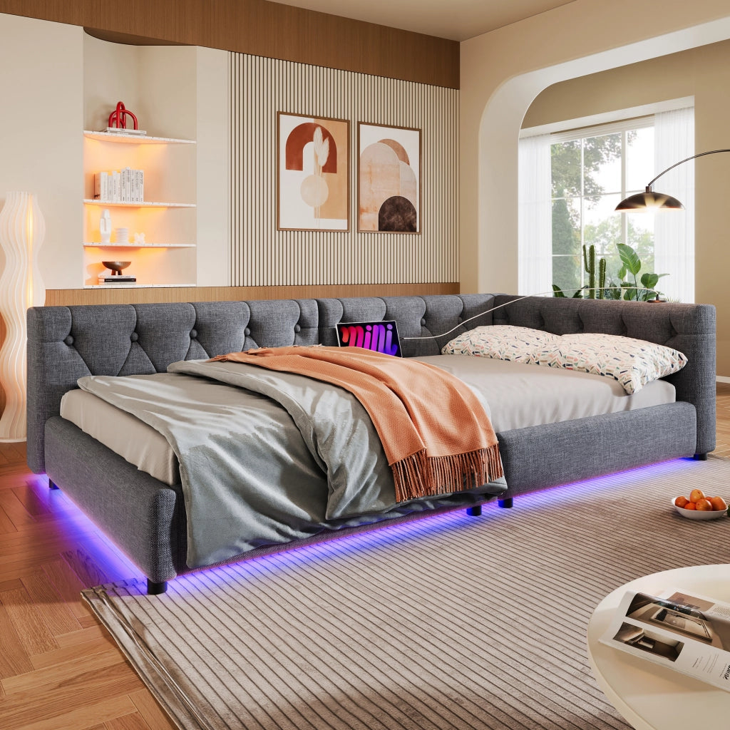 Daybed Imbottito 90x200 cm con LED; USB; USB-C; Grigio