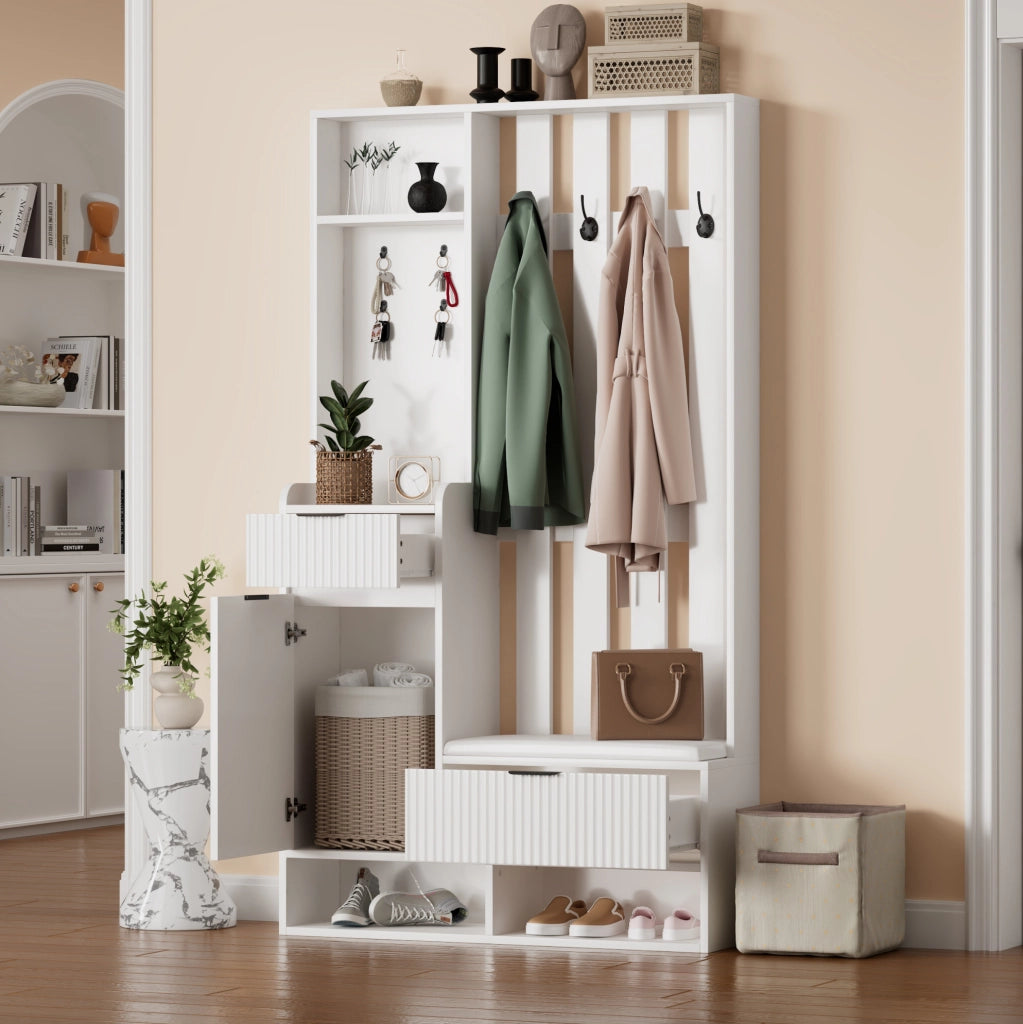 Mobile ingresso 6 in 1 100x30x180 cm con panca; 8 ganci e cassetti; bianco