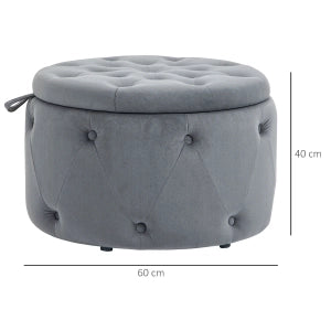 Poggiapiedi contenitore rotondo imbottito con coperchio, effetto velluto in poliestere grigio Ø60×40 cm