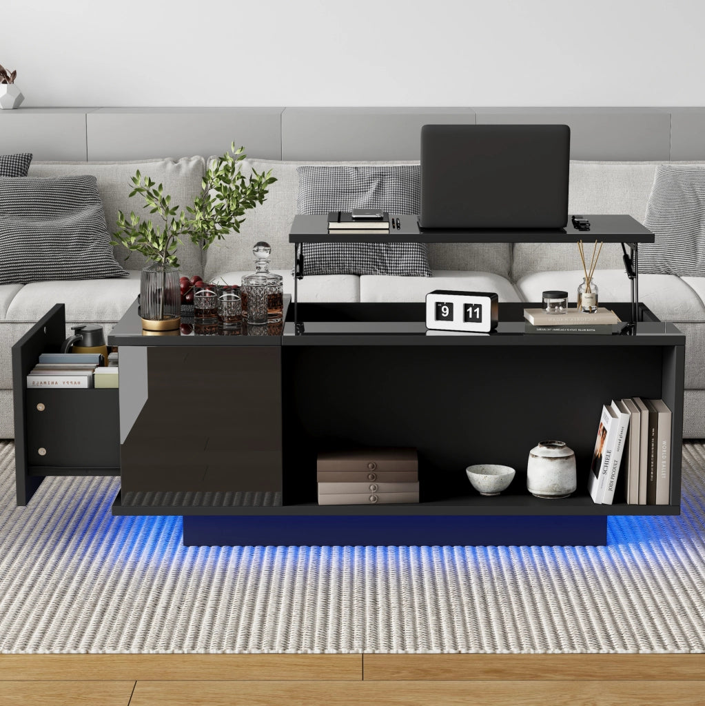 Tavolino da caffè elevabile 100 x 50 x 40 cm con vano nascosto; cassetto e LED Bluetooth nero
